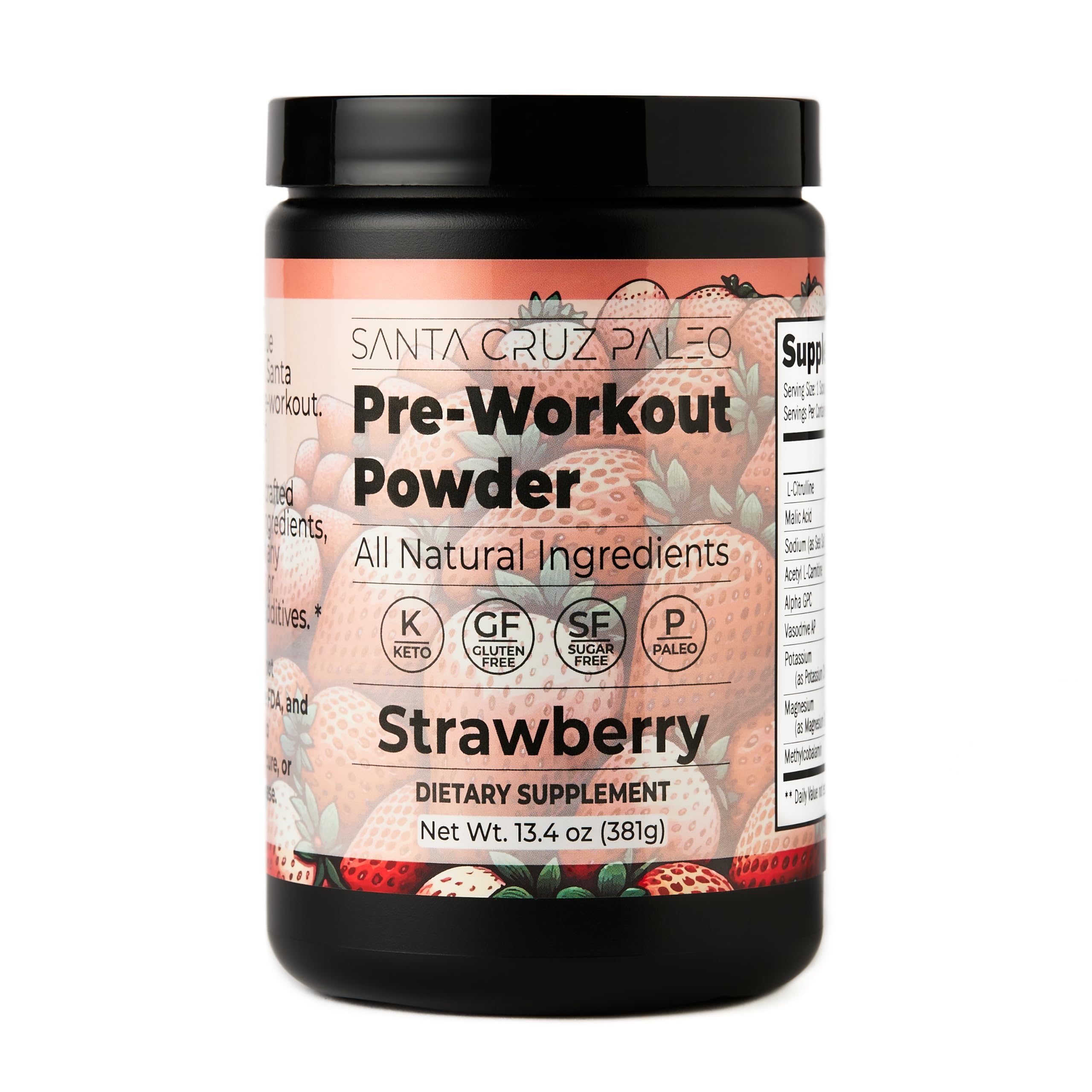 Santa Cruz Paleo pre-workout strawberry tub, clean energy with electrolytes.