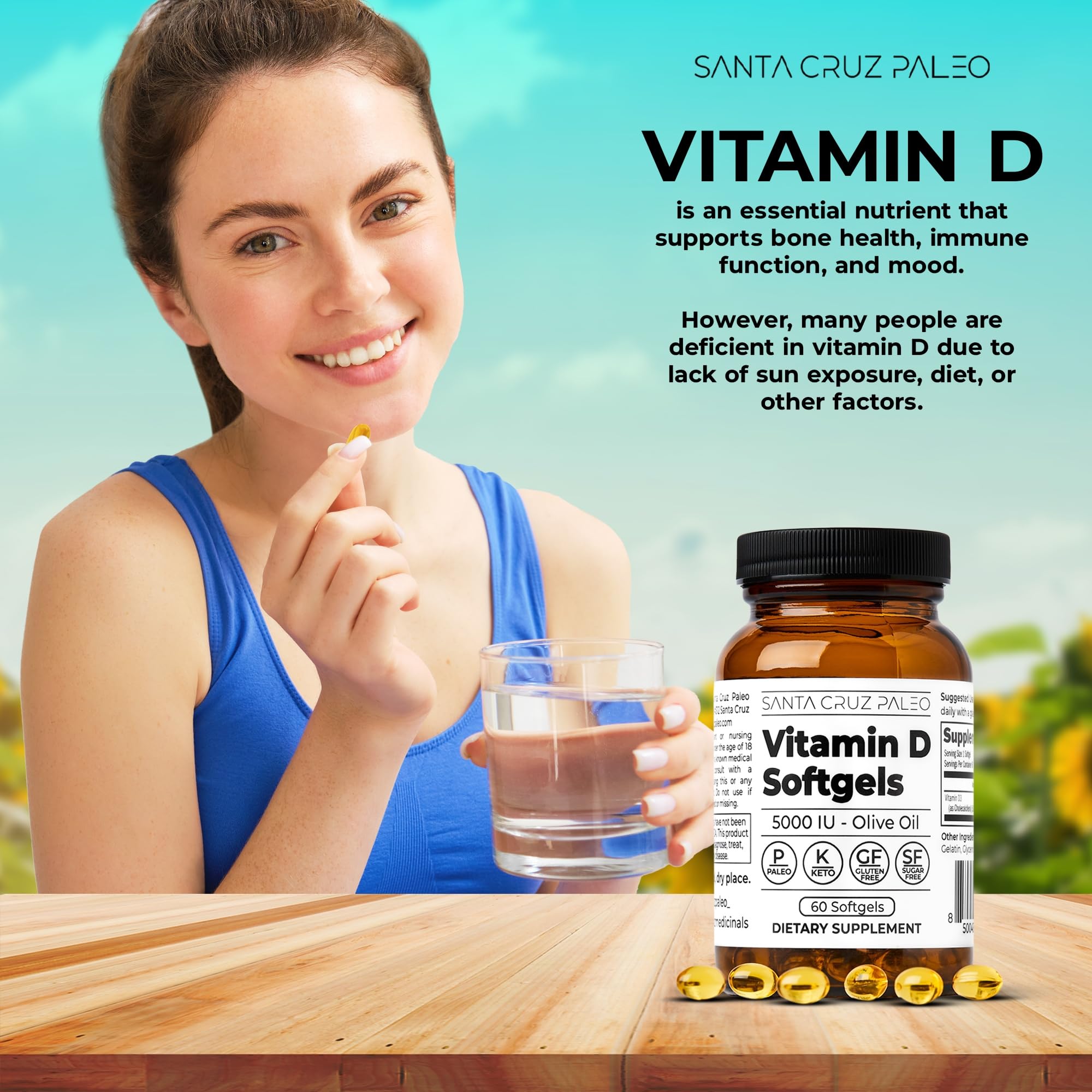 Gluten-free and sugar-free label on Santa Cruz Paleo Vitamin D3 packaging.