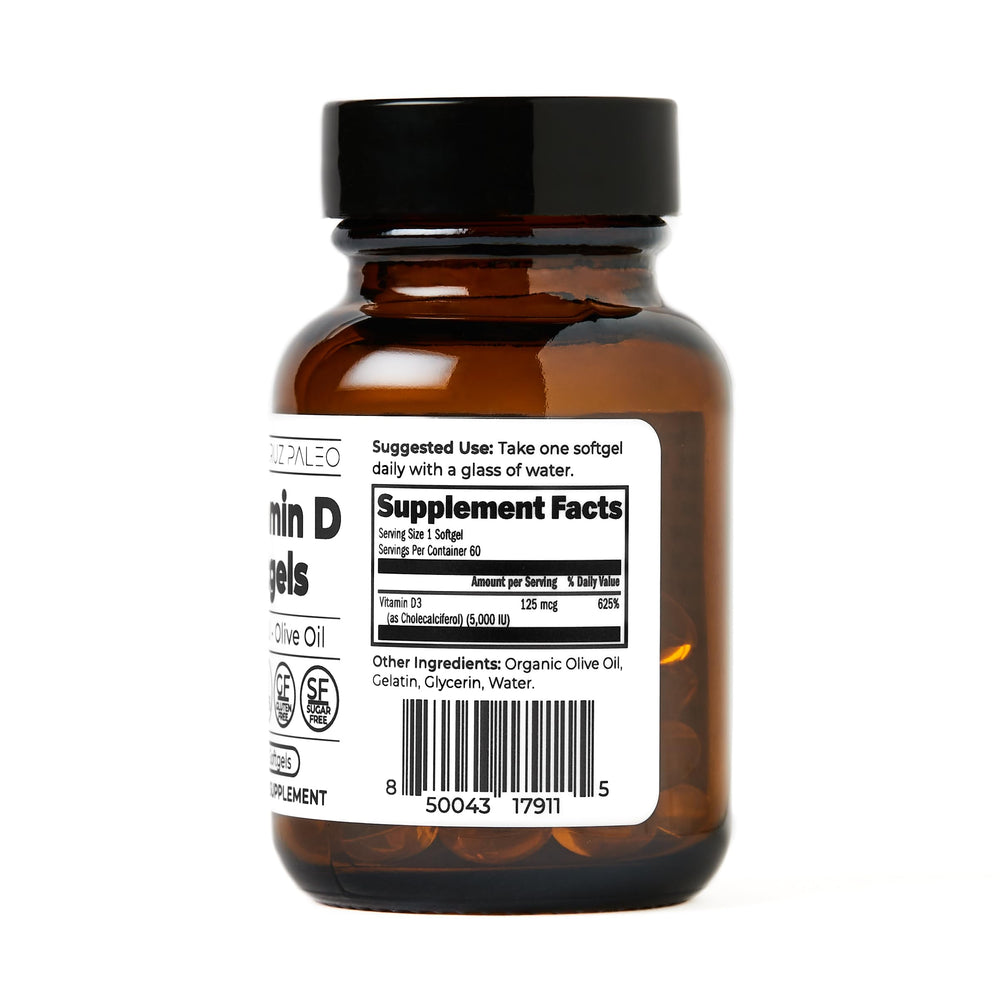 Keto and paleo-friendly Santa Cruz Paleo Vitamin D3 packaging.