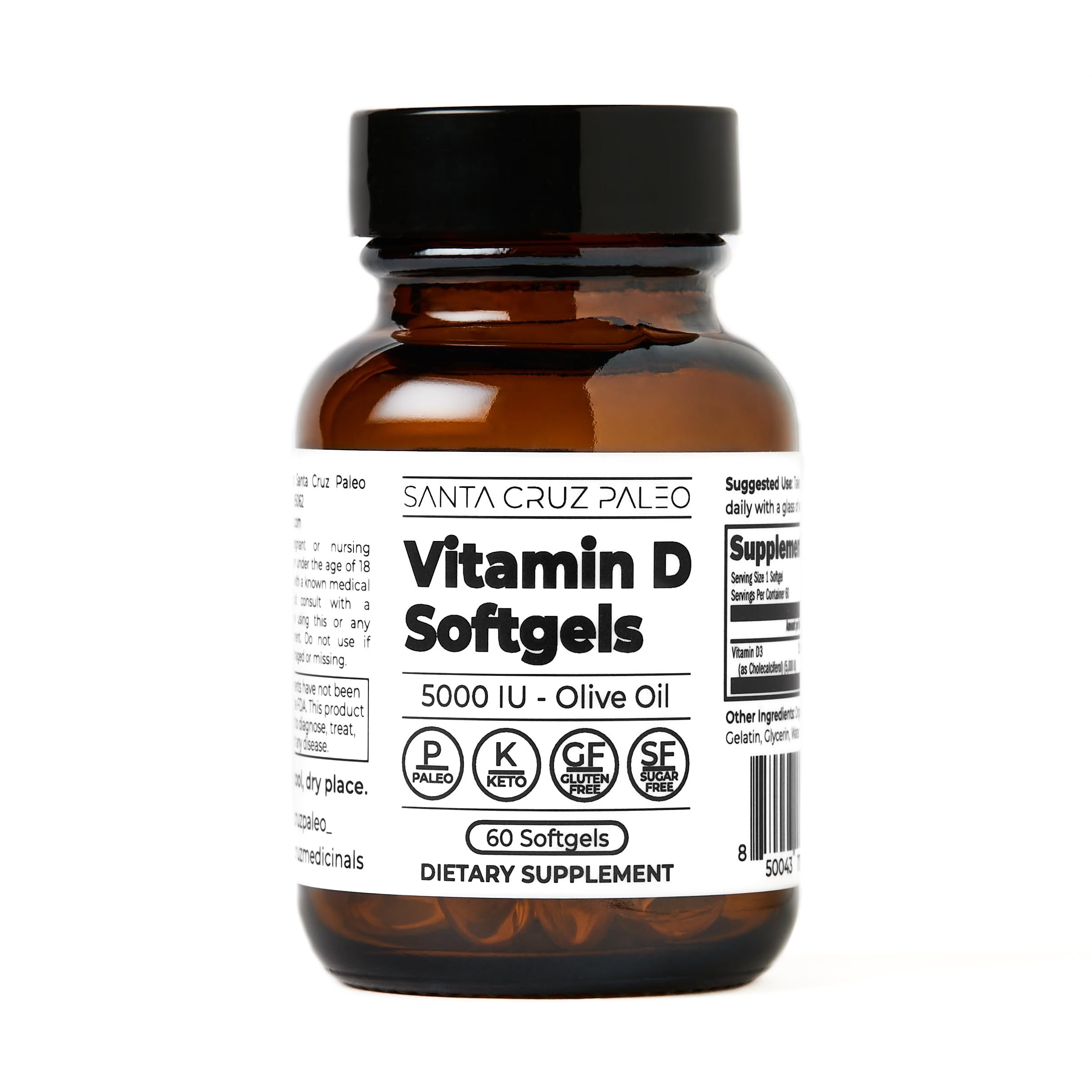 Santa Cruz Paleo Vitamin D3 bottle with 60 softgels for daily use.