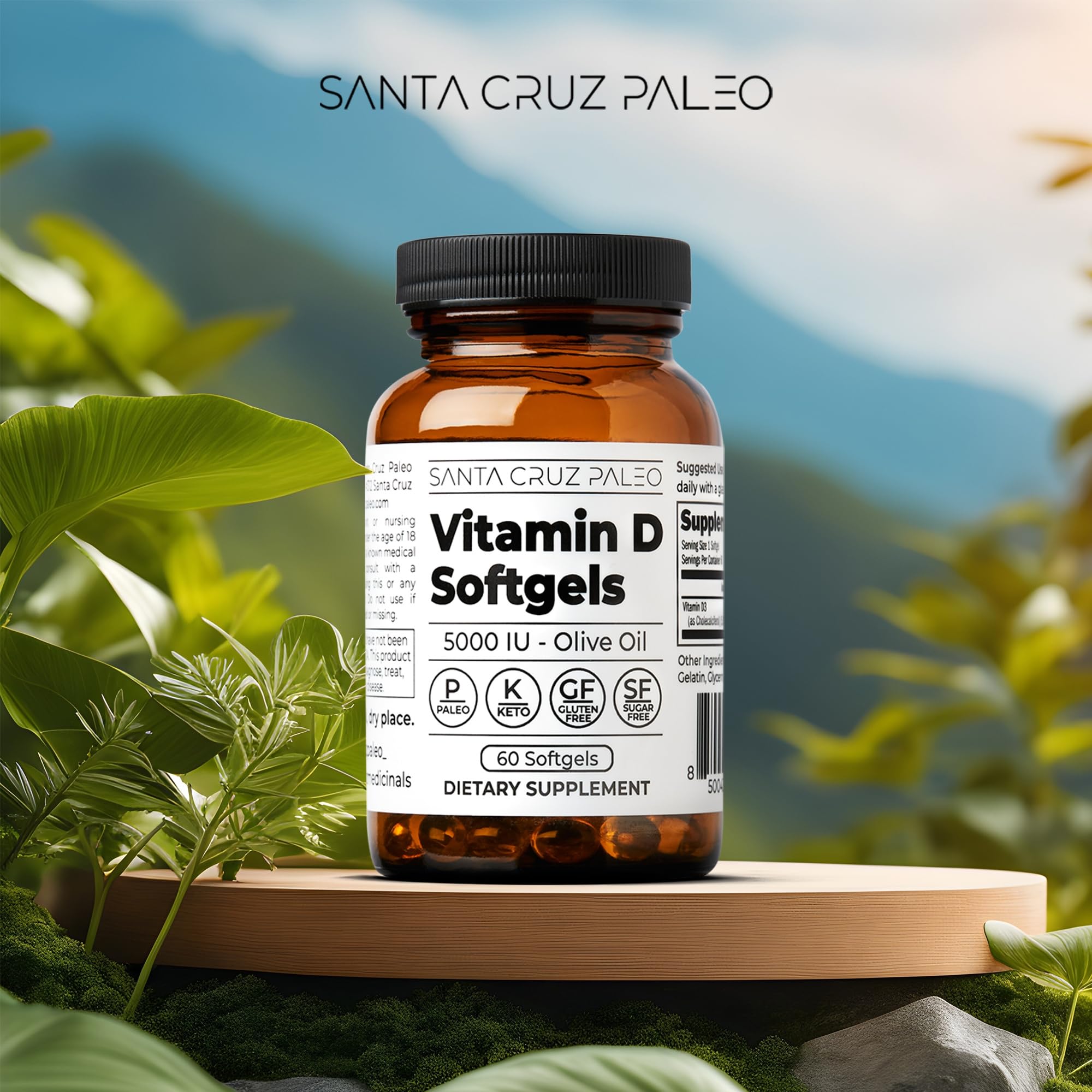 Close-up of Santa Cruz Paleo Vitamin D3 softgels for easy daily intake.