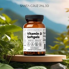 Close-up of Santa Cruz Paleo Vitamin D3 softgels for easy daily intake.