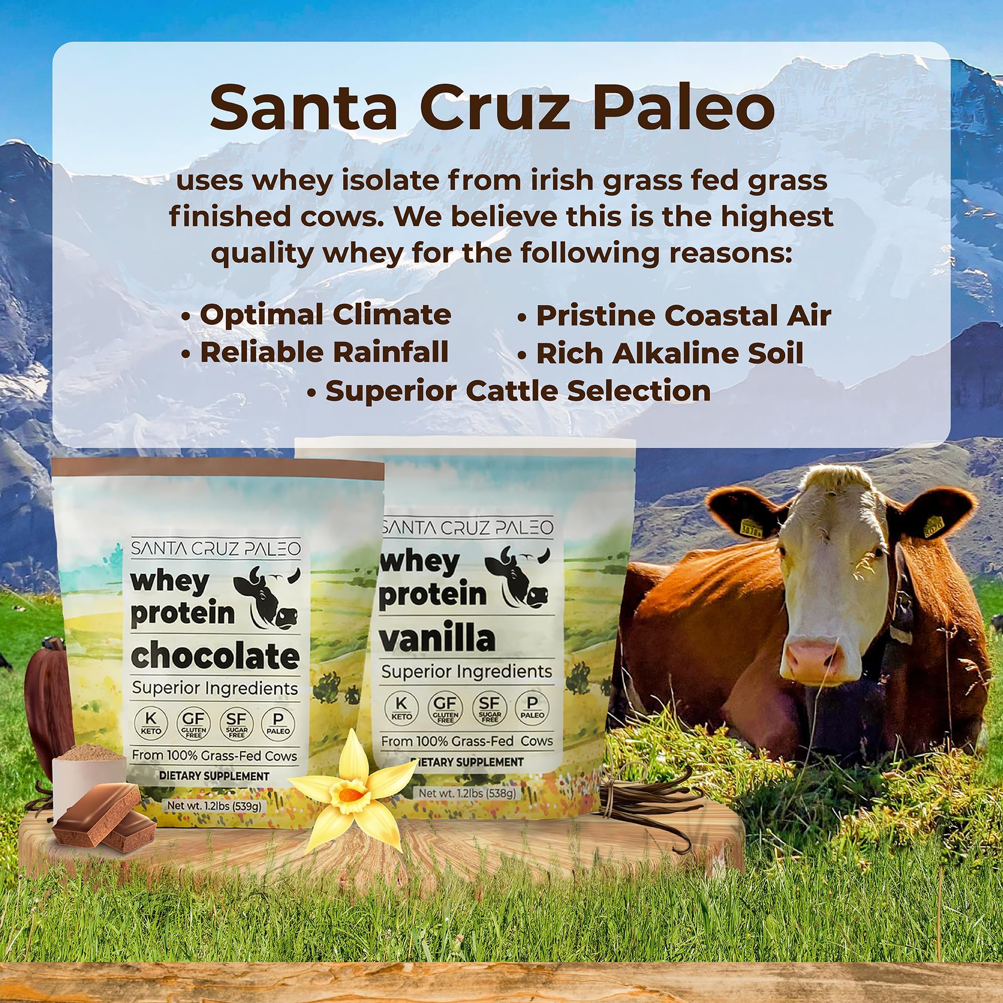 Close-up of Santa Cruz Paleo Whey Protein label highlighting gluten-free and paleo compatibility