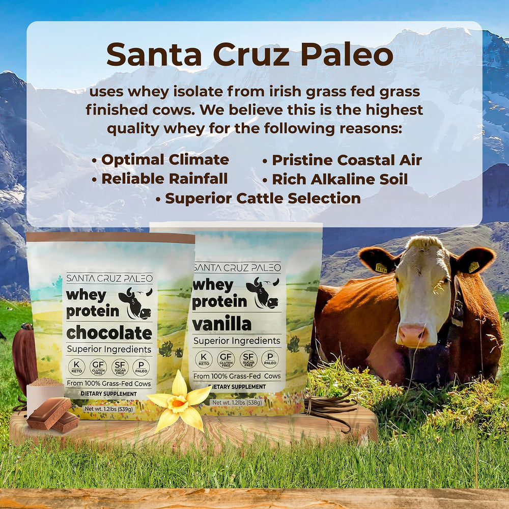 Close-up of Santa Cruz Paleo Whey Protein label highlighting gluten-free and paleo compatibility