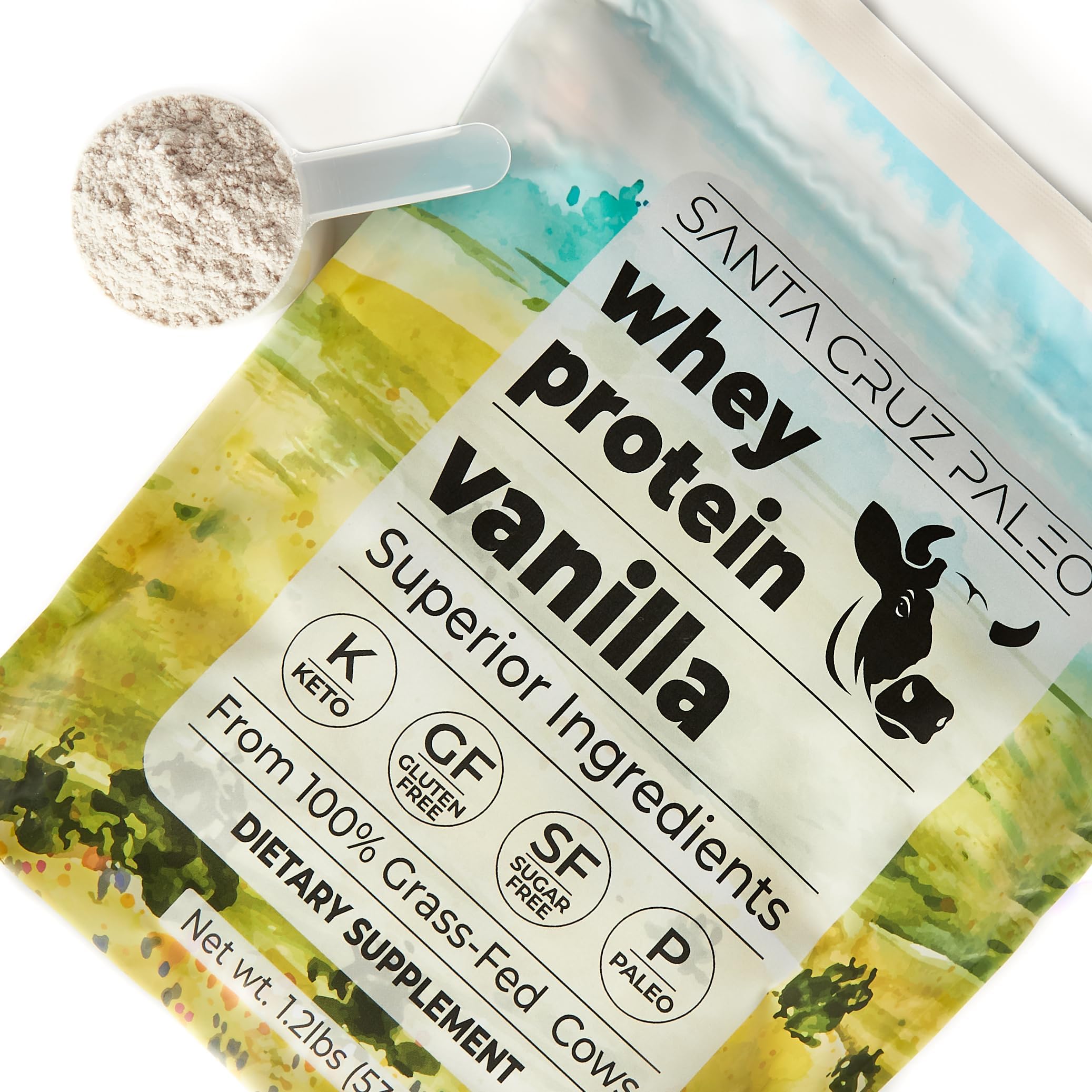 Close-up of Santa Cruz Paleo Whey Vanilla powder texture.