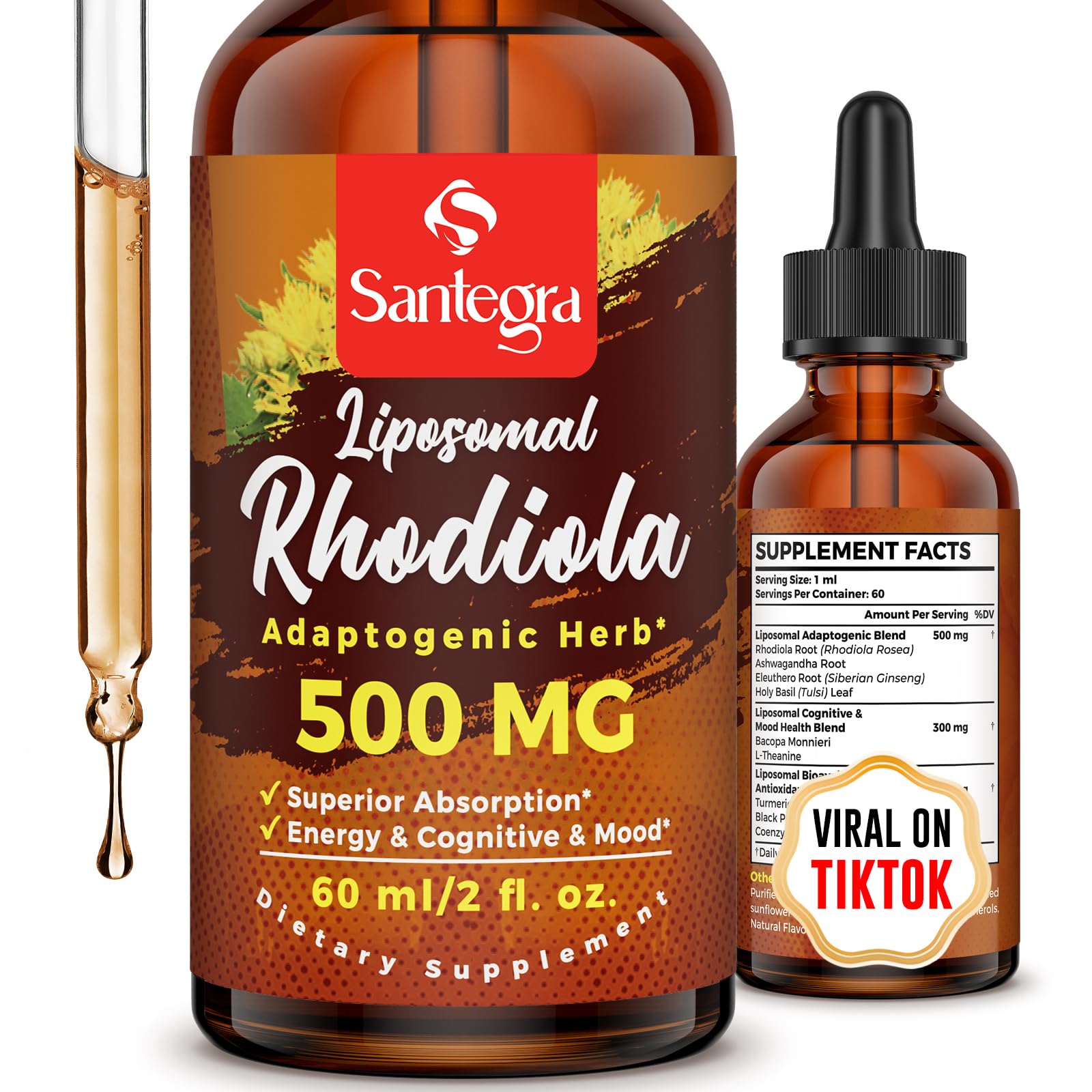 Santegra rhodiola liposomal bottle highlights high absorption