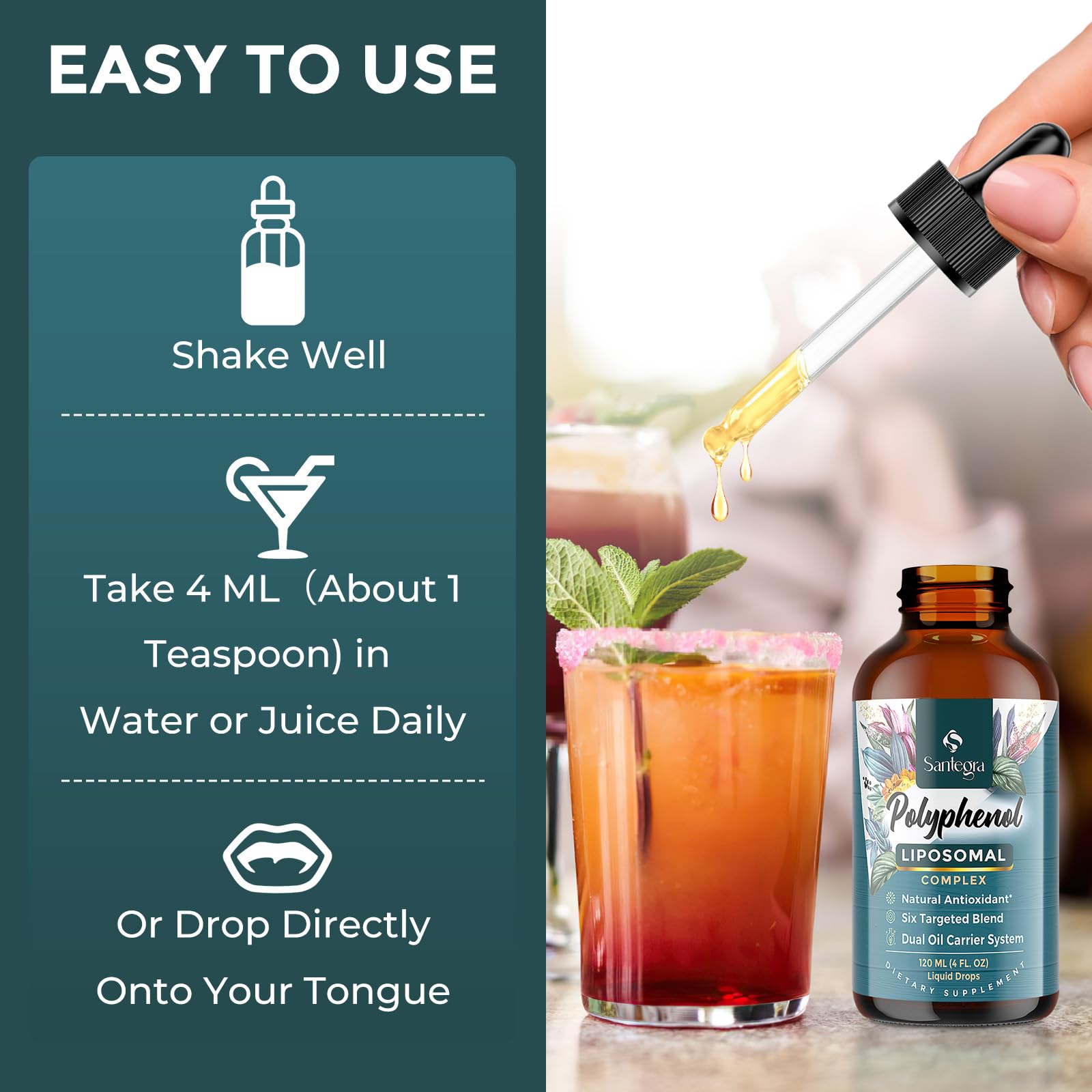 Santegra polyphenols bottle naturally sweetened with stevia for pleasant taste.