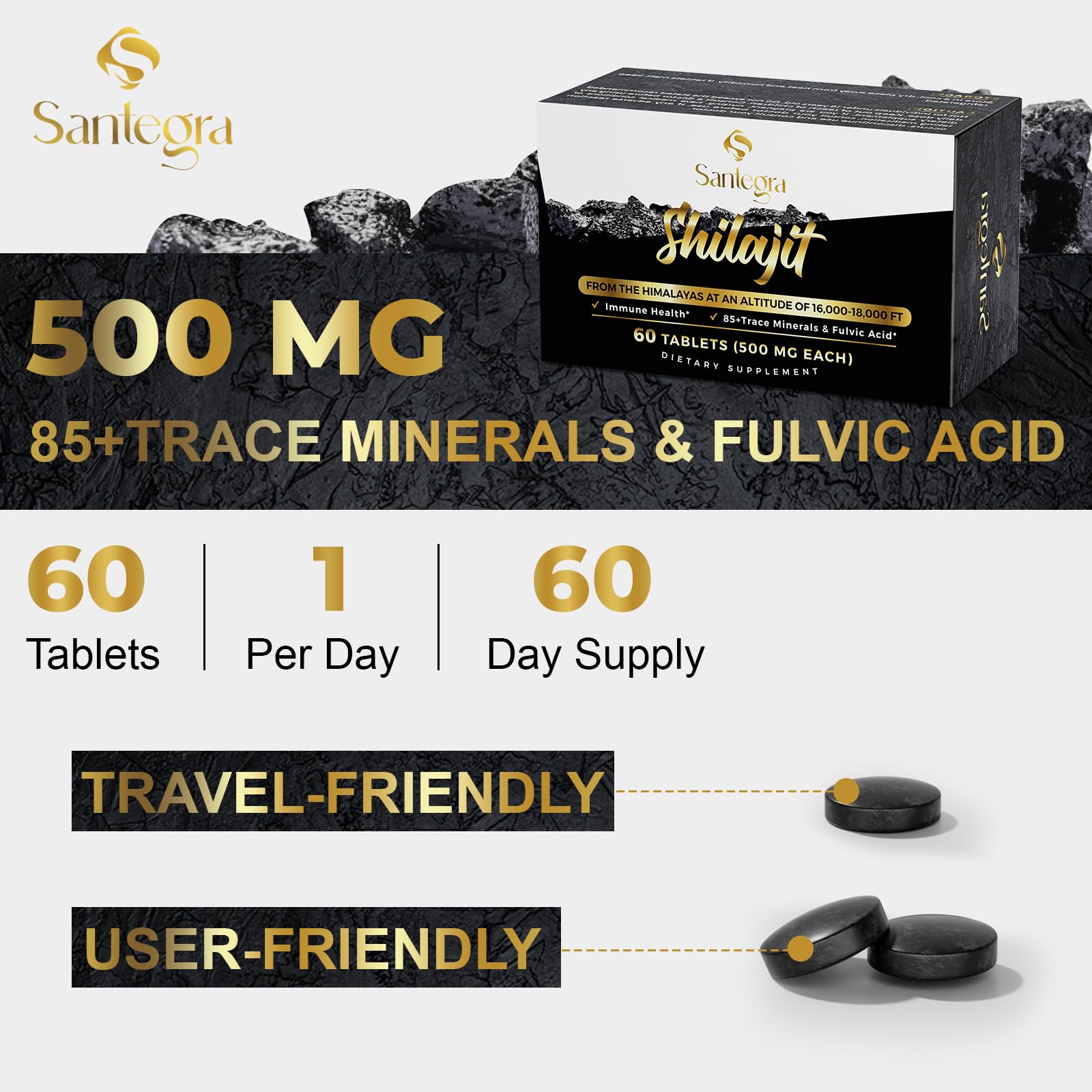 Organic Himalayan source emphasizes purity and natural provenance of Santegra Shilajit.