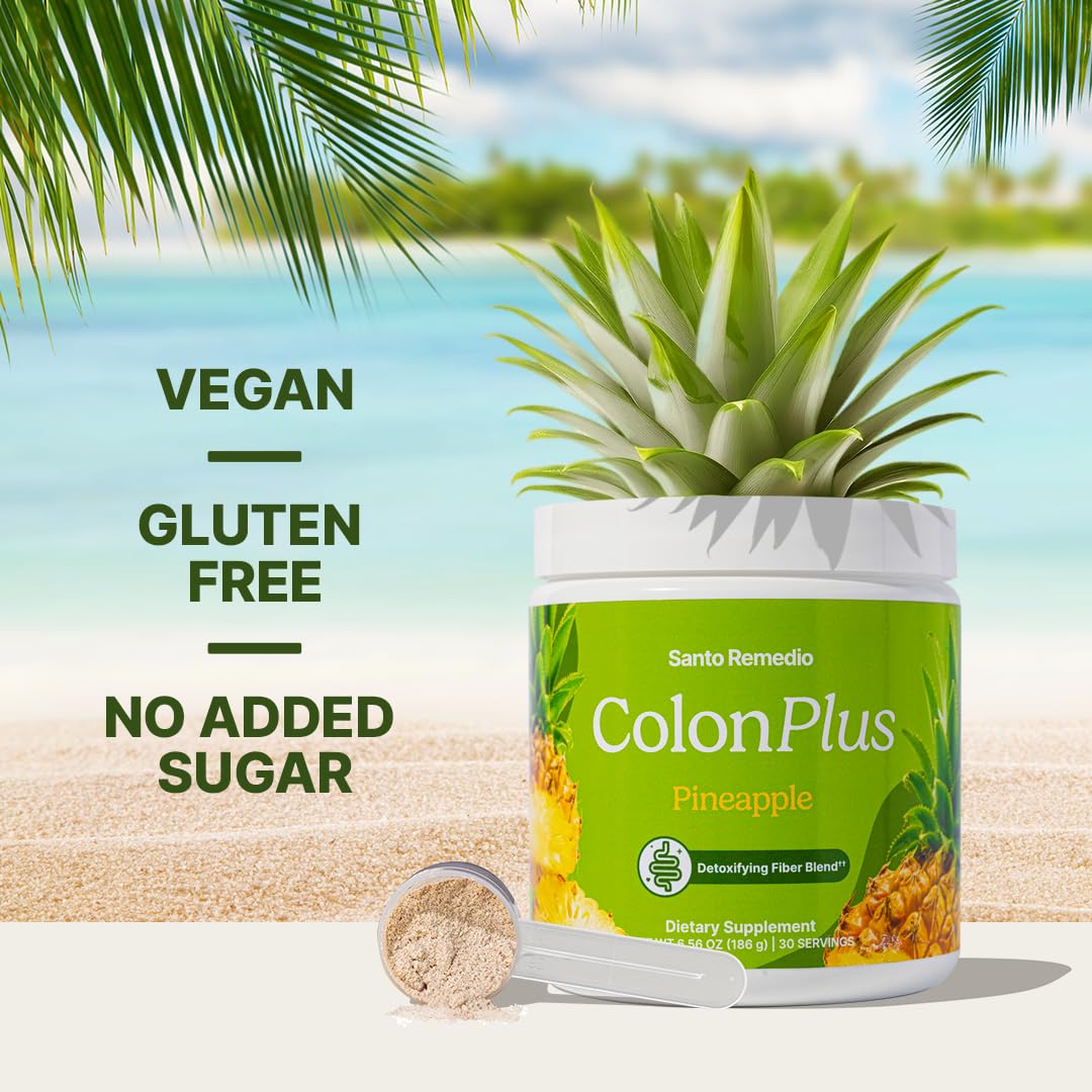 Santo Remedio Colon Plus spoon showing psyllium and beet fibers for daily cleansing.