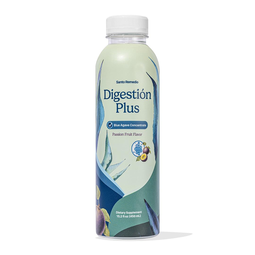 Santo Remedio Digestion Plus bottle showing passionfruit flavor for daily digestive wellness.
