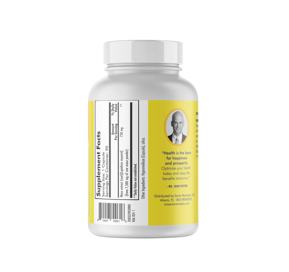 Santo Remedio Maca in use with water suggests routine.