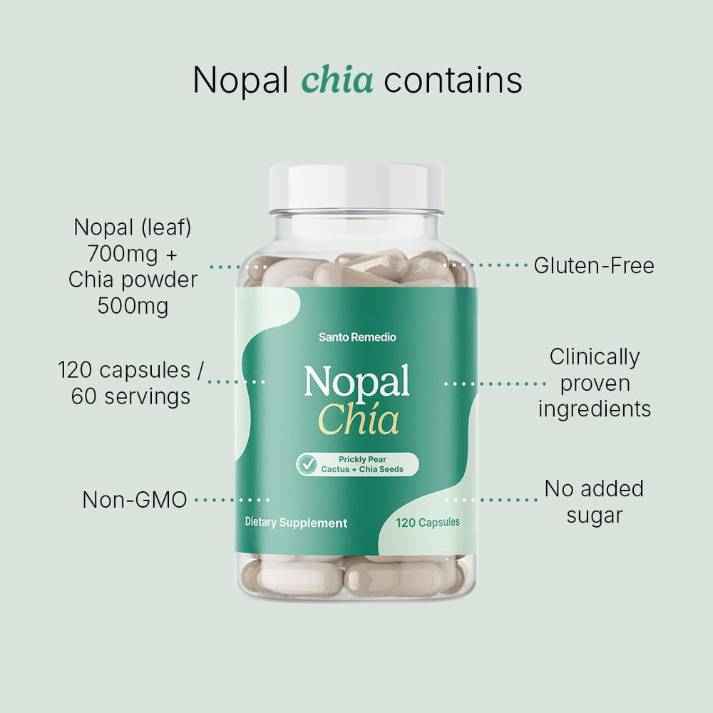Santo Remedio Nopal Chia packaging beside bottle for on-the-go routines