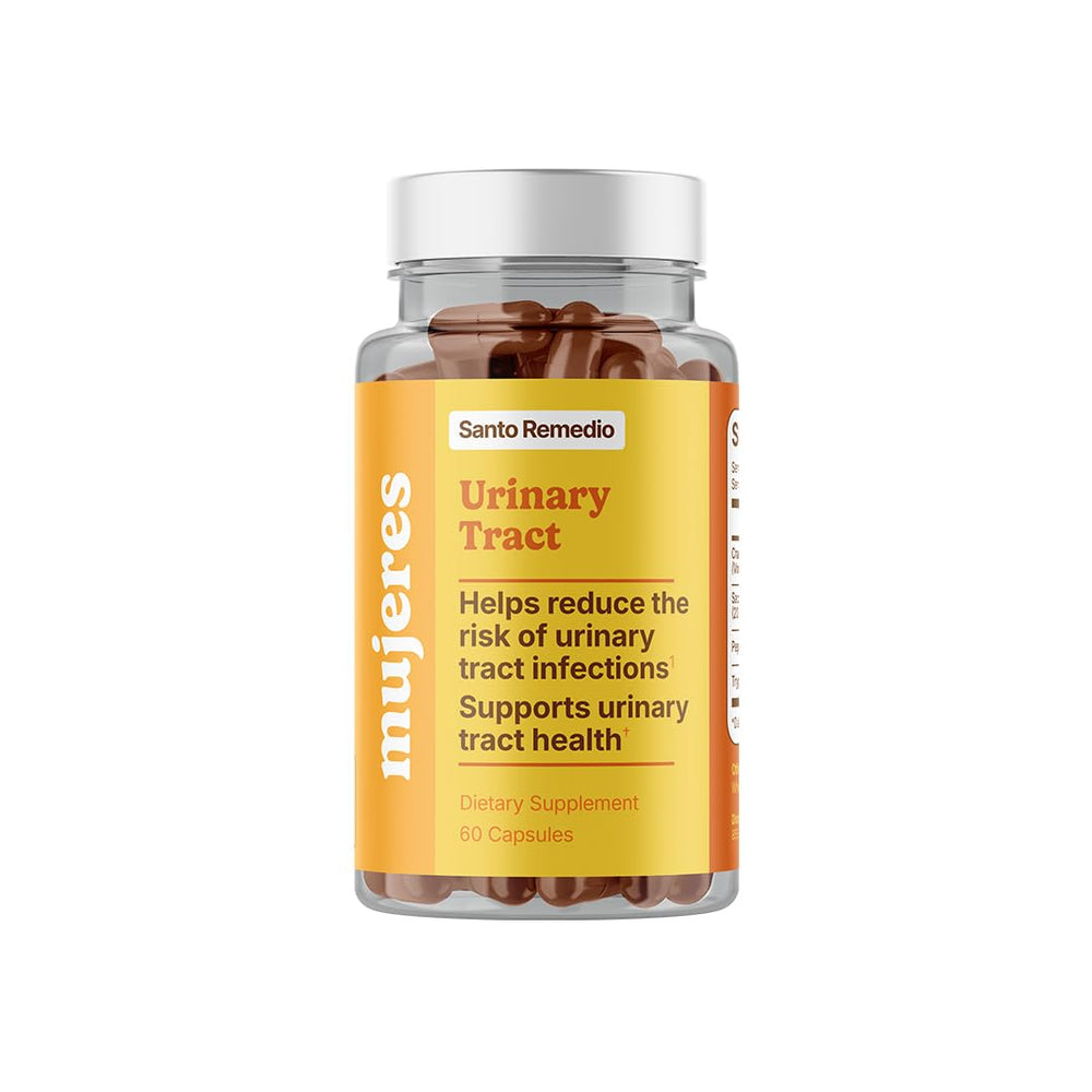 Santo Remedio Urinary Tract bottle front showing vegan, non-GMO packaging for daily support