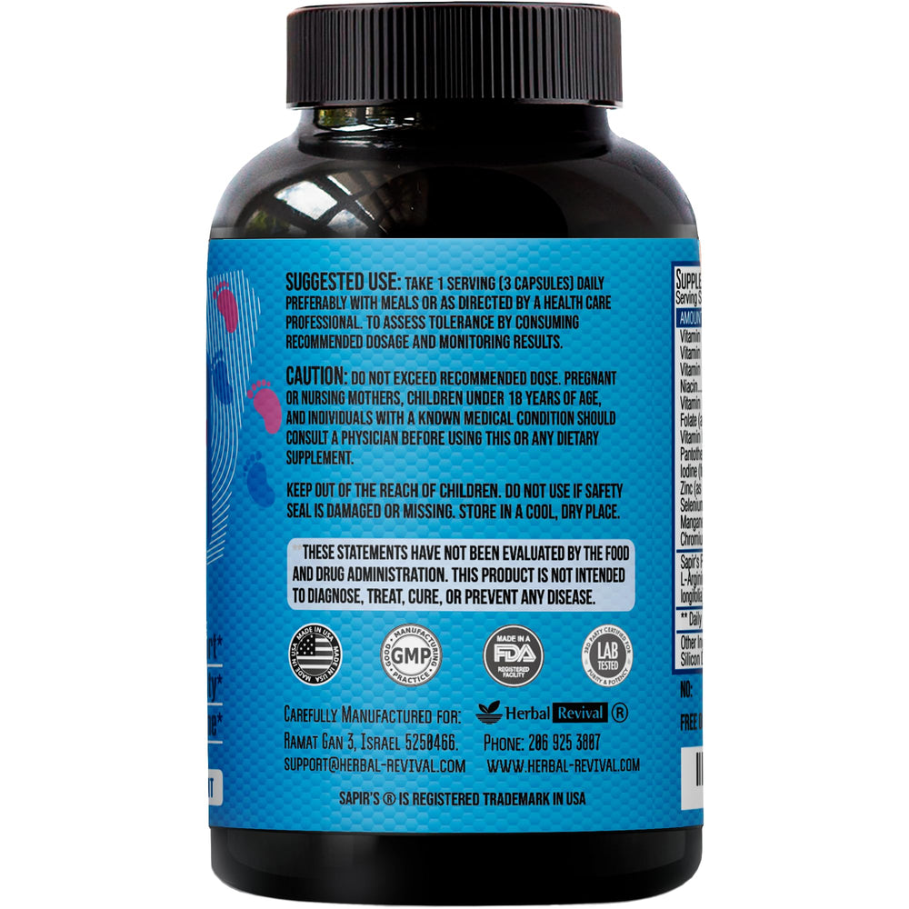 Sapir's Nutrition packaging front view illustrating easy-to-use prenatal-friendly supplement.
