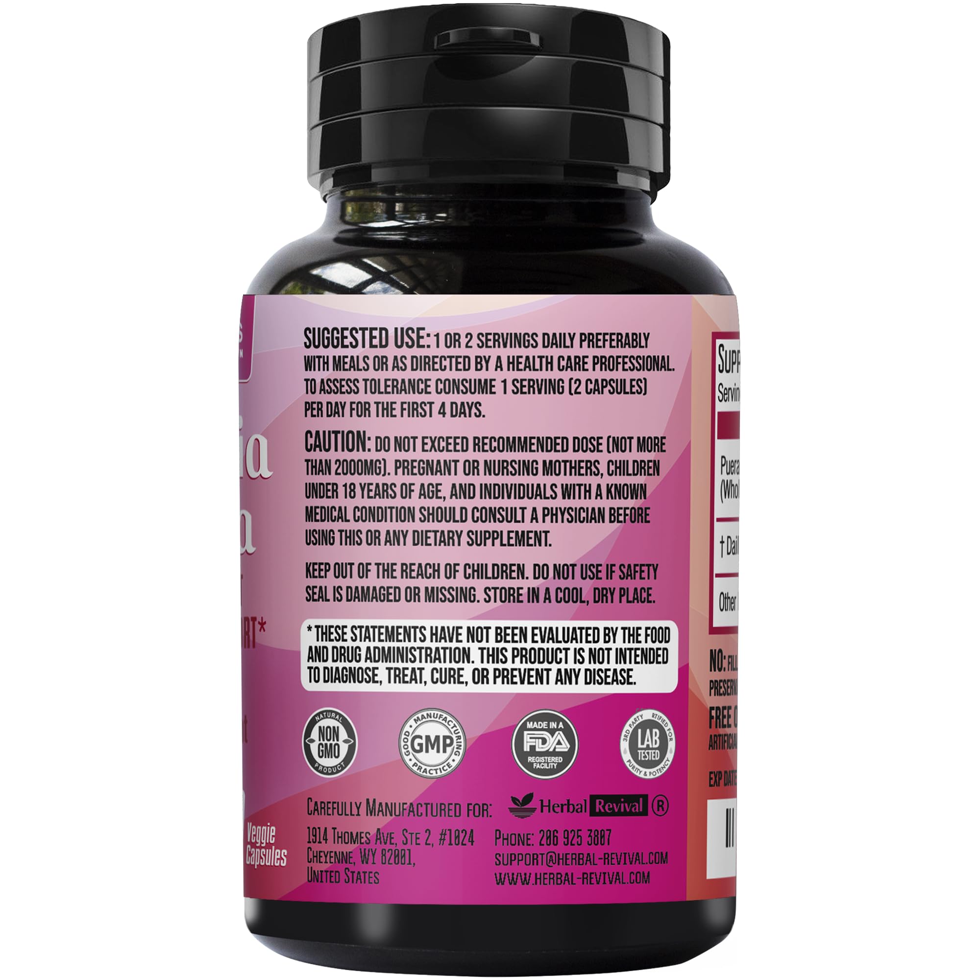 Close-up of ingredients list for Sapir's Nutrition Pueraria Mirifica capsules