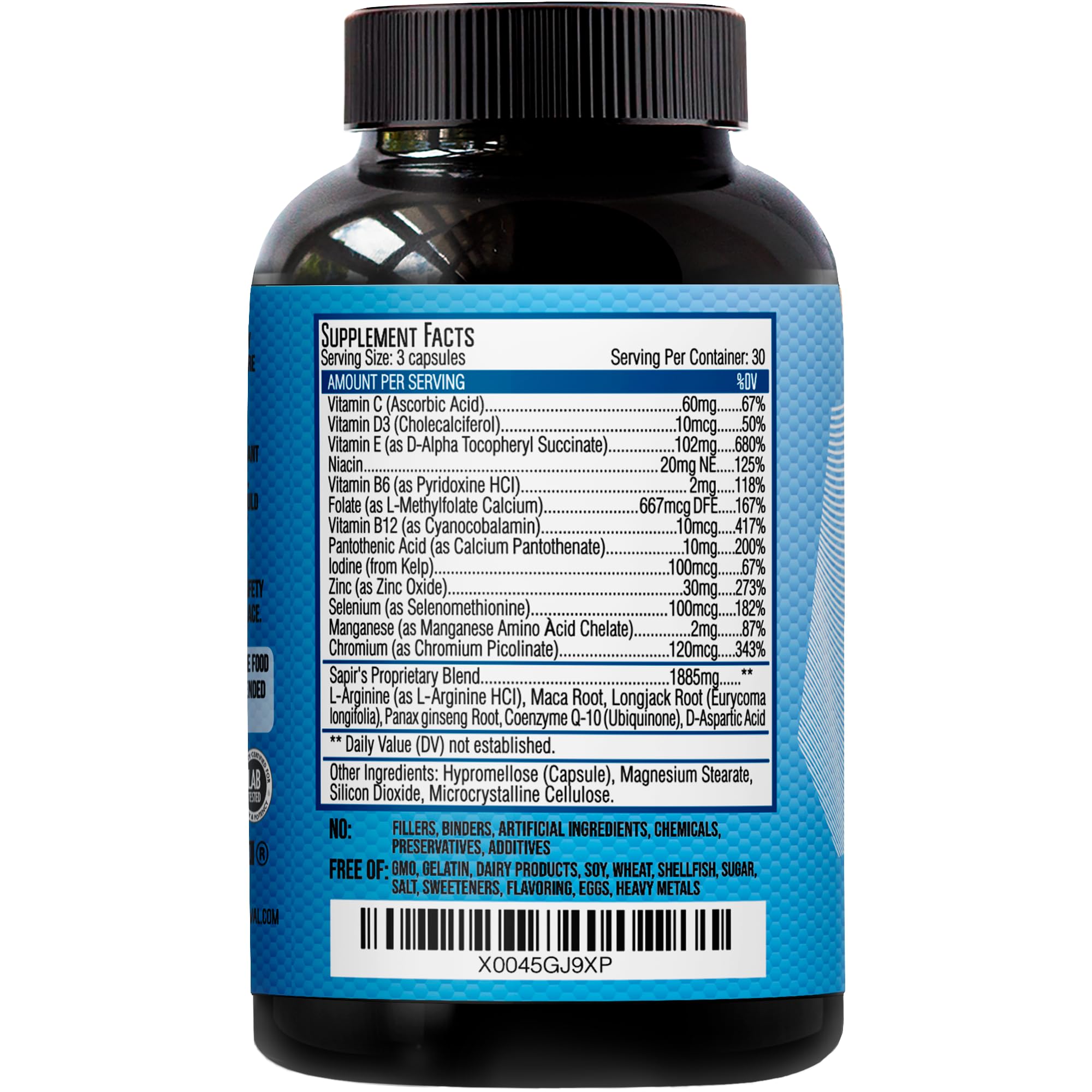 Sapir's Nutrition US manufactured GMP label emphasizing quality and purity.
