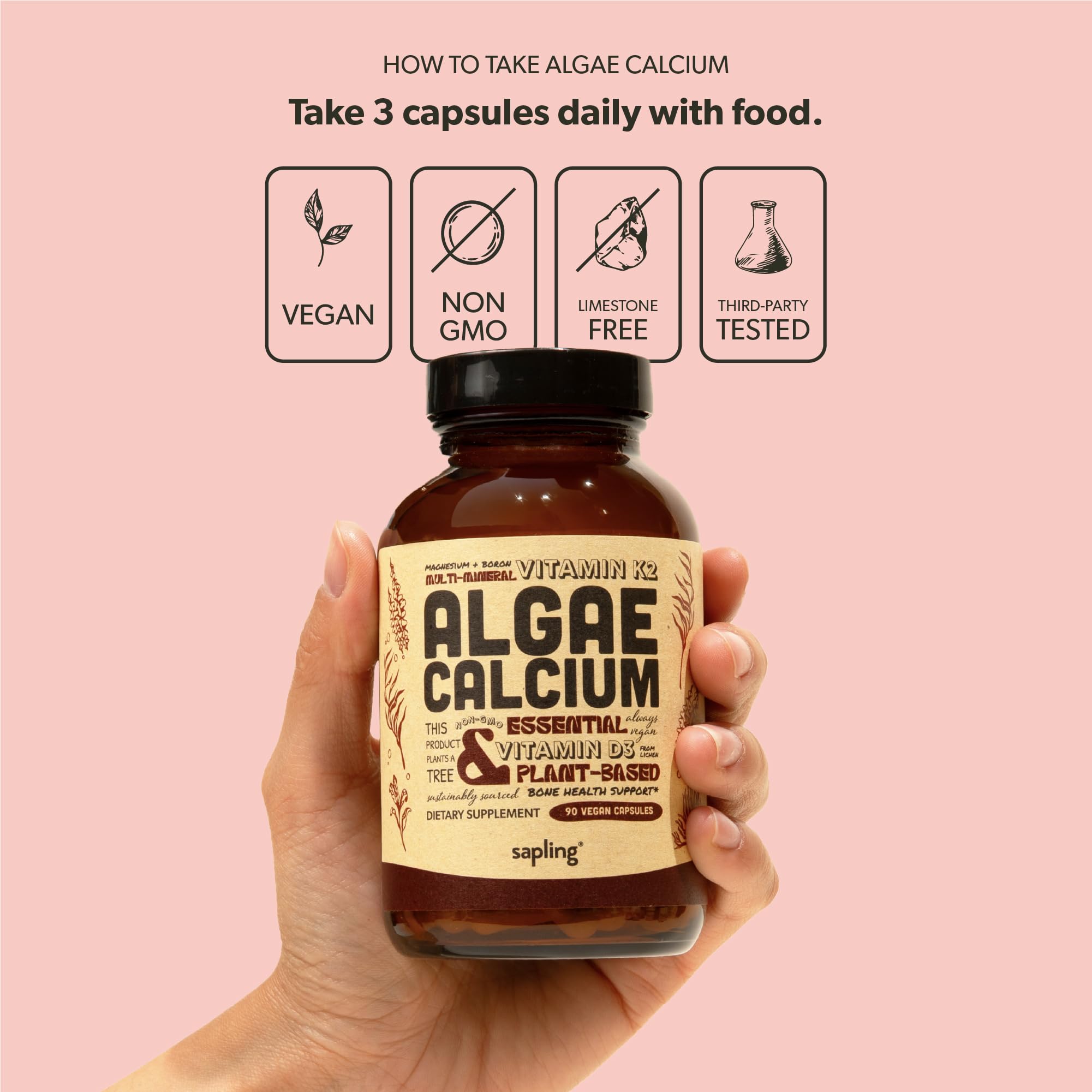 Sapling calcium supplement tree-planting logo communicates eco-friendly bottle recycling promise
