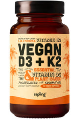 sapling D3 + K2 bottle front, vegan softgel with MCT oil for absorption