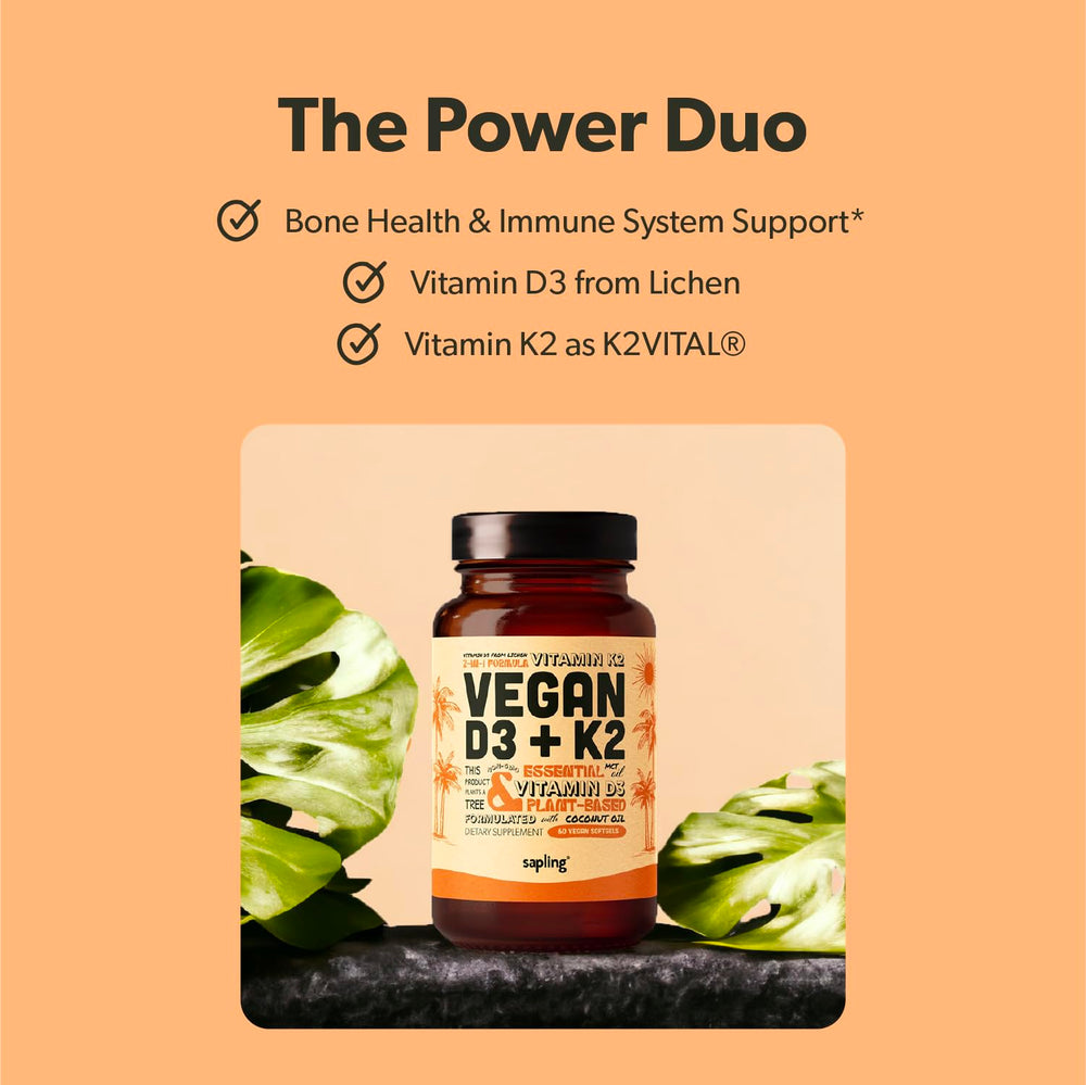 sapling softgels close-up, plant-based D3 and K2 in a convenient one-a-day capsule