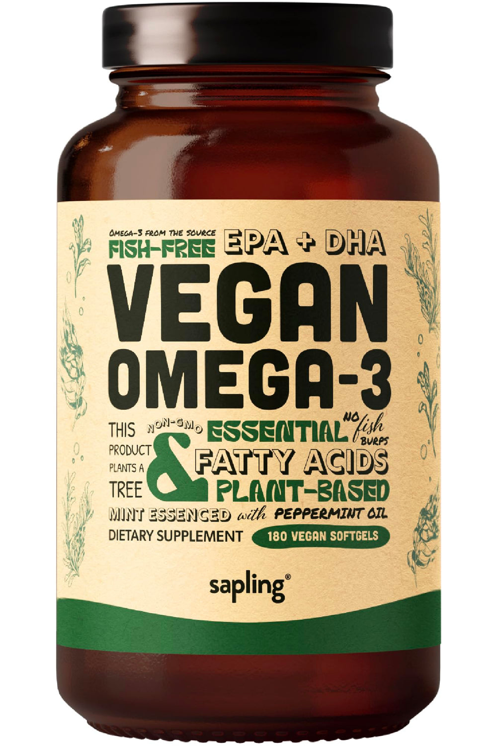 Sapling Vegan Omega-3 bottle emphasizing plant-based DHA and EPA