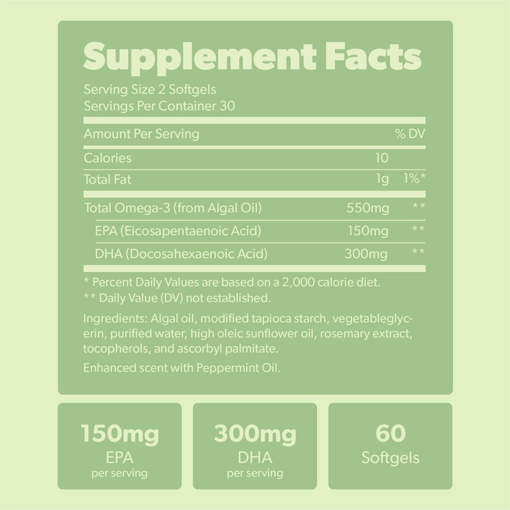 Sapling Vegan Omega-3 softgels close-up, convenient daily dosage