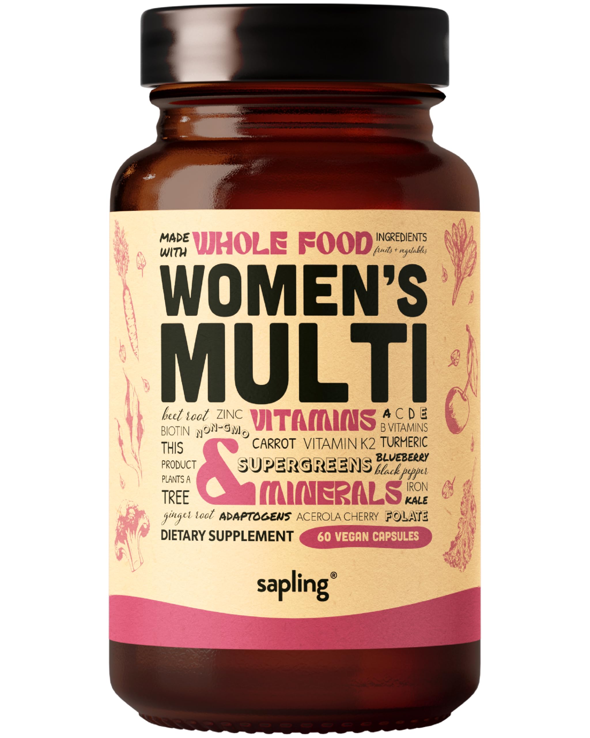Sapling Women's Multivitamin bottle on a kitchen counter for daily wellness routine