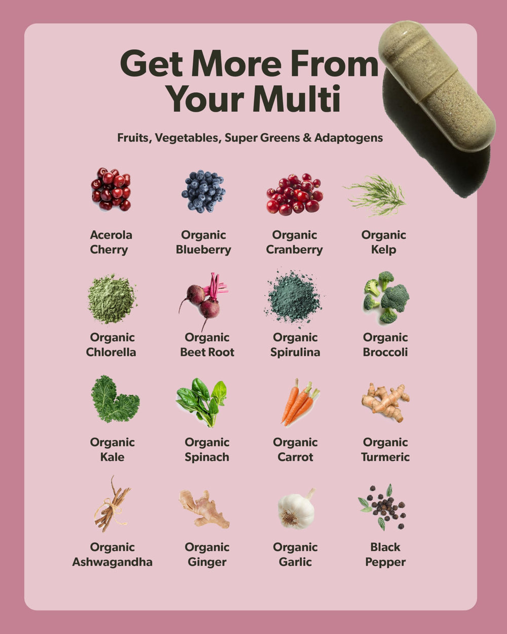 Flat lay with greens and fruits showing organic whole-food ingredients from Sapling