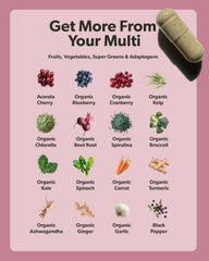 Flat lay with greens and fruits showing organic whole-food ingredients from Sapling