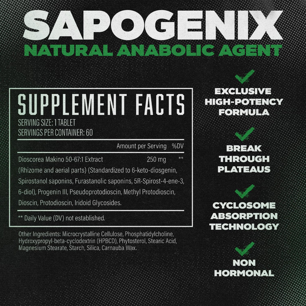 Sapogenix anabolic activator capsules close-up for high-potency plant-based muscle support.