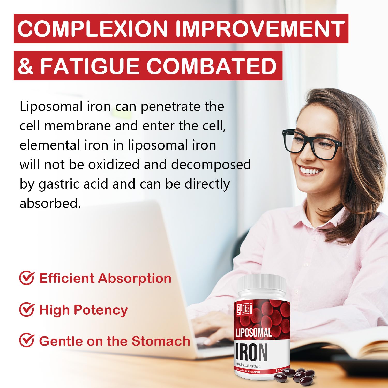 Sapotax Liposomal Fe iron bottle label closeup highlights ingredients