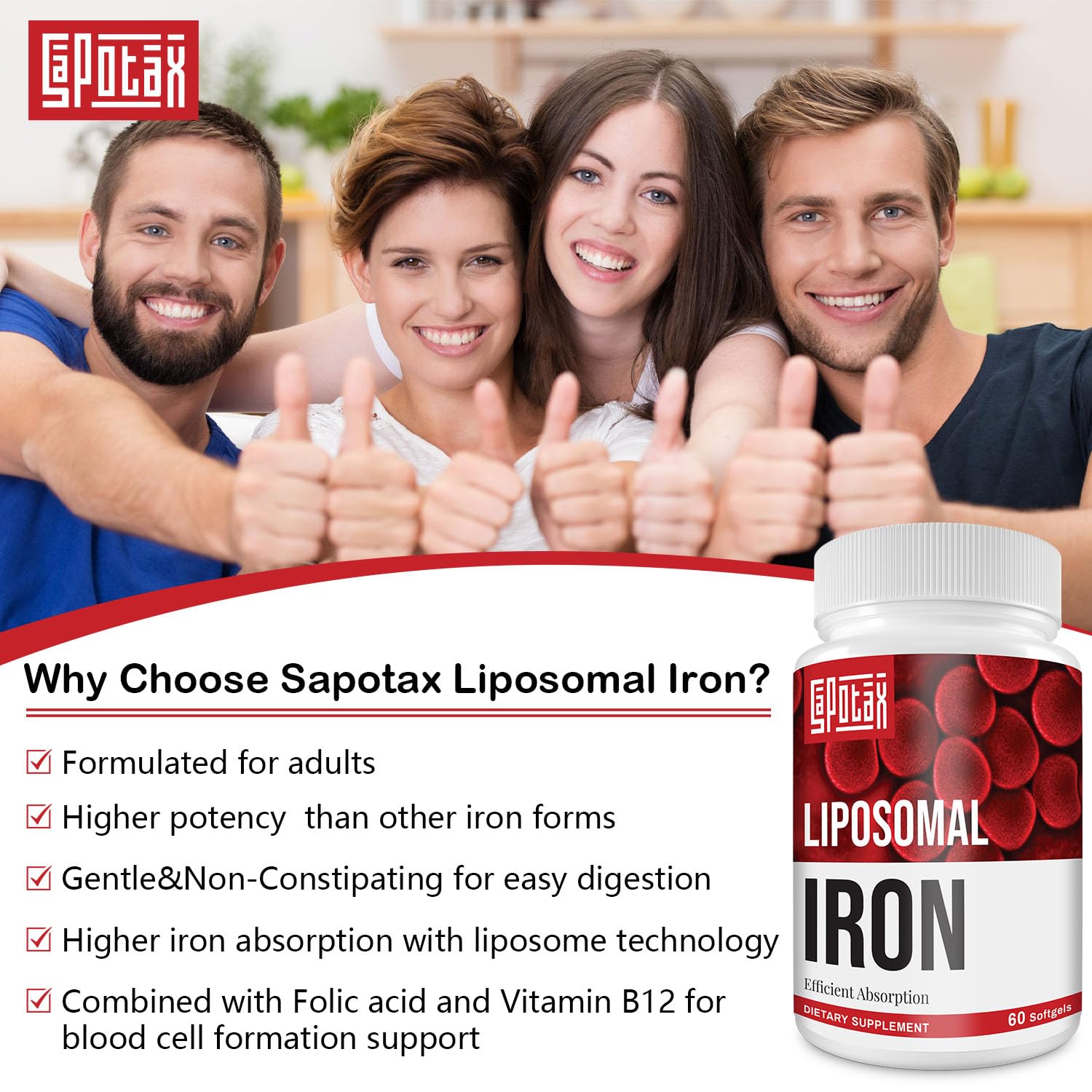 Two-bottle Sapotax Liposomal Fe packaging emphasizing value and routine.