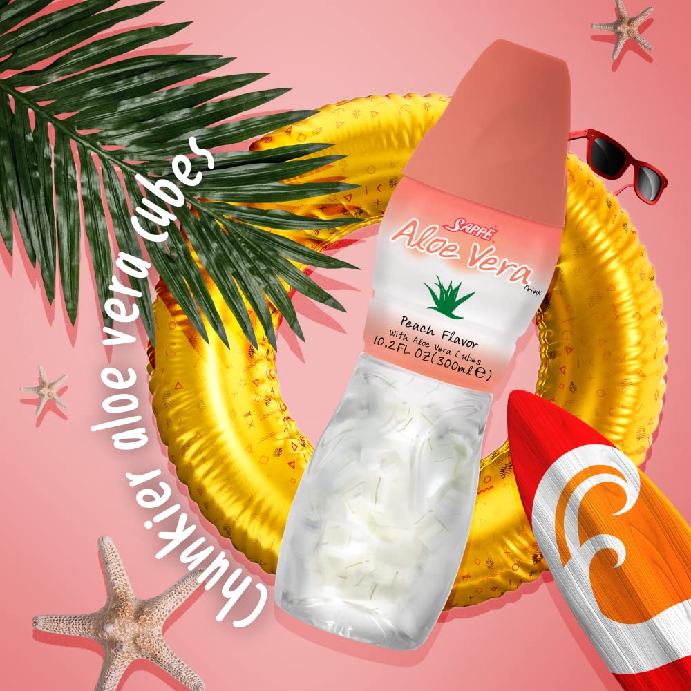 Sappe Aloe peach bottle on table suggests family-friendly hydration for all ages