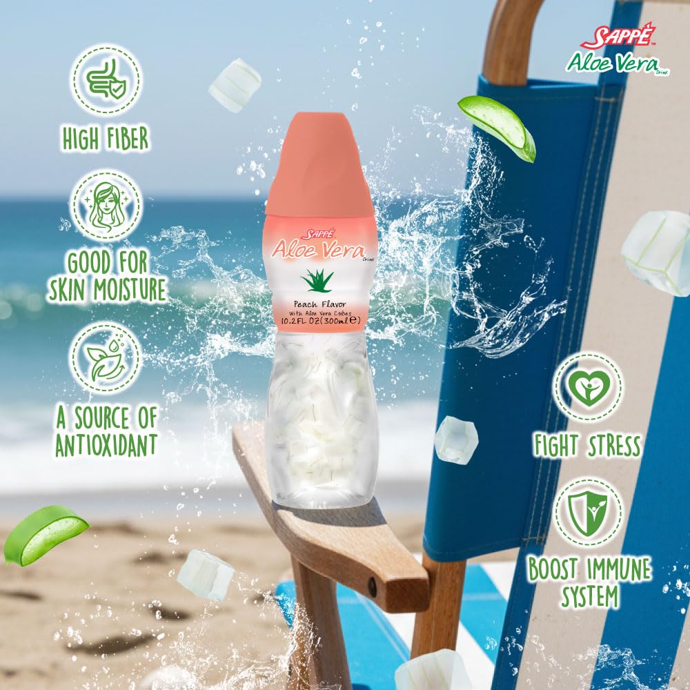 Sappe Aloe peach juice in a glass emphasizing peach flavor and pulp