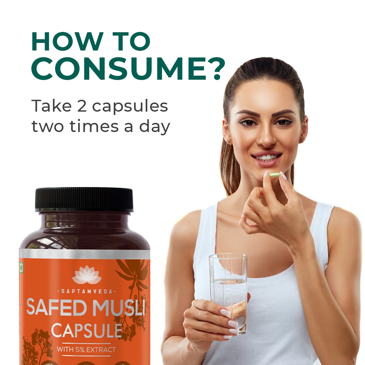 SAPTAMVEDA Safed Musli bottle placed on a table for everyday use.