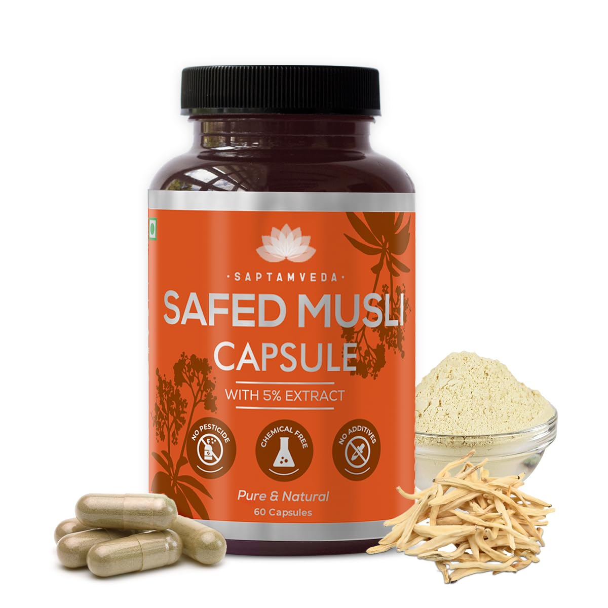 SAPTAMVEDA Safed Musli bottle with plant-based capsules for daily wellness.