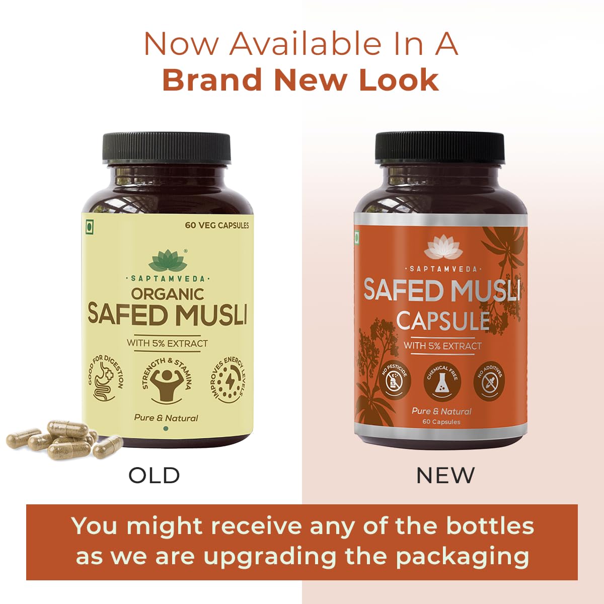 Close-up of SAPTAMVEDA Safed Musli capsules highlighting vegan formula.