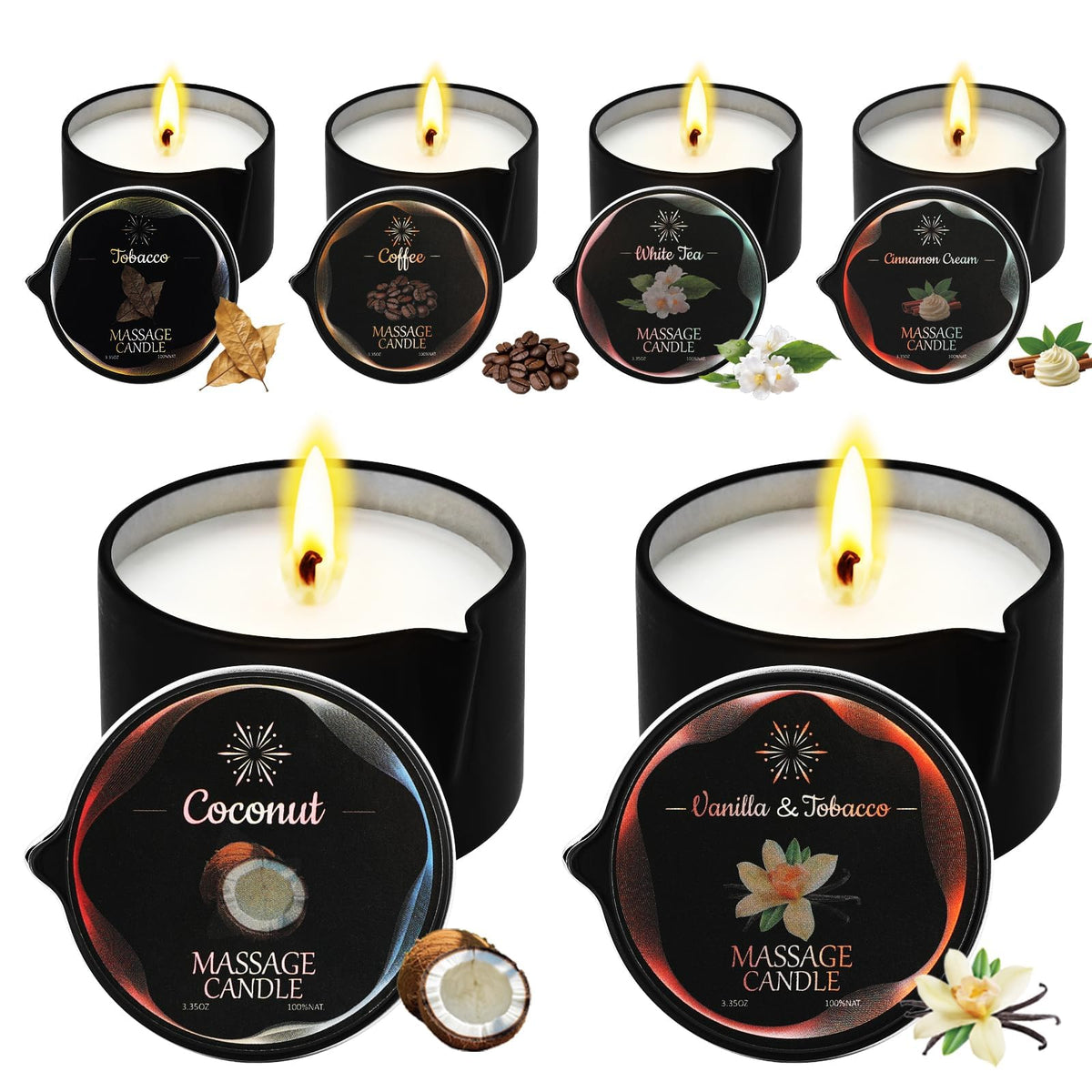 Sariiraw six-pack massage candle collection packaging, ideal for gifting and home spa evenings.