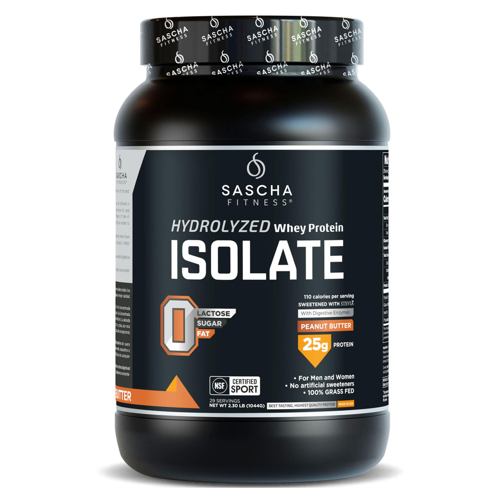 SASCHA FITNESS hydrolyzed whey isolate peanut butter powder scoop for fast protein delivery.