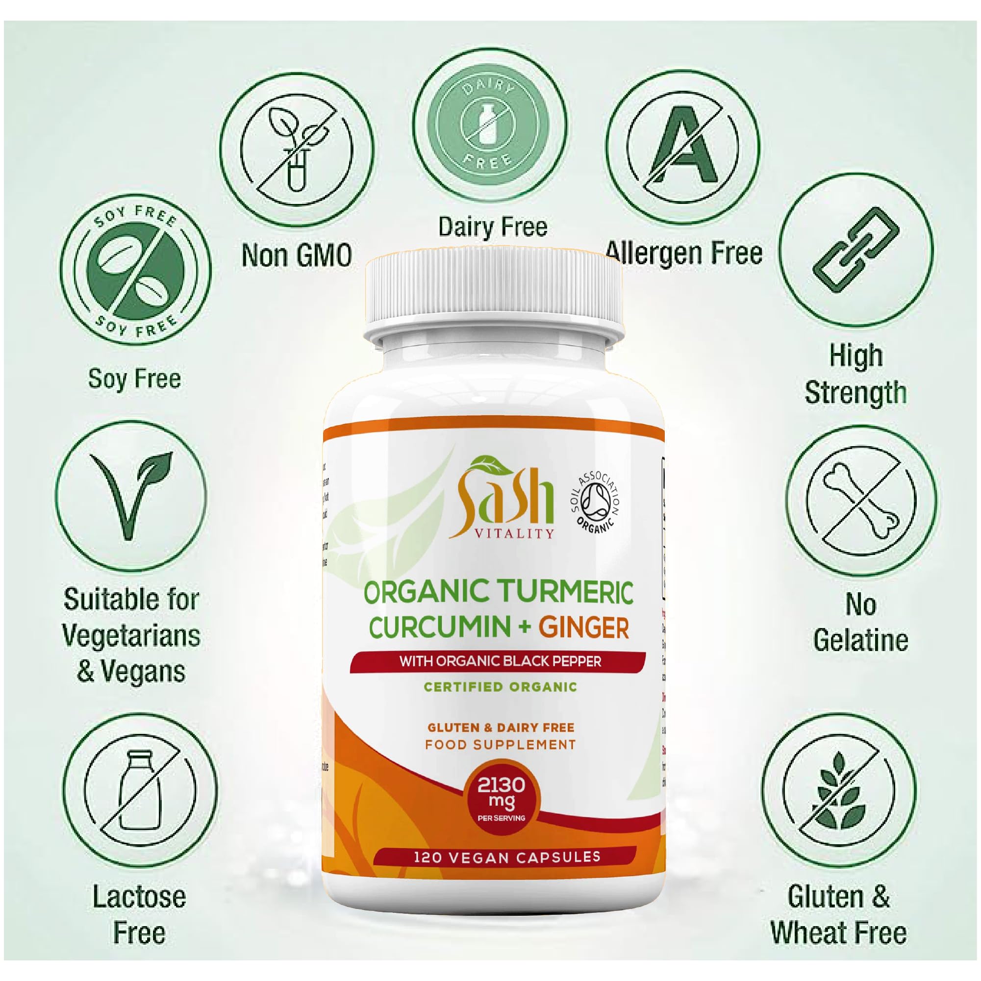 SASH Vitality vegan turmeric capsules in a pack highlighting convenient daily dosing