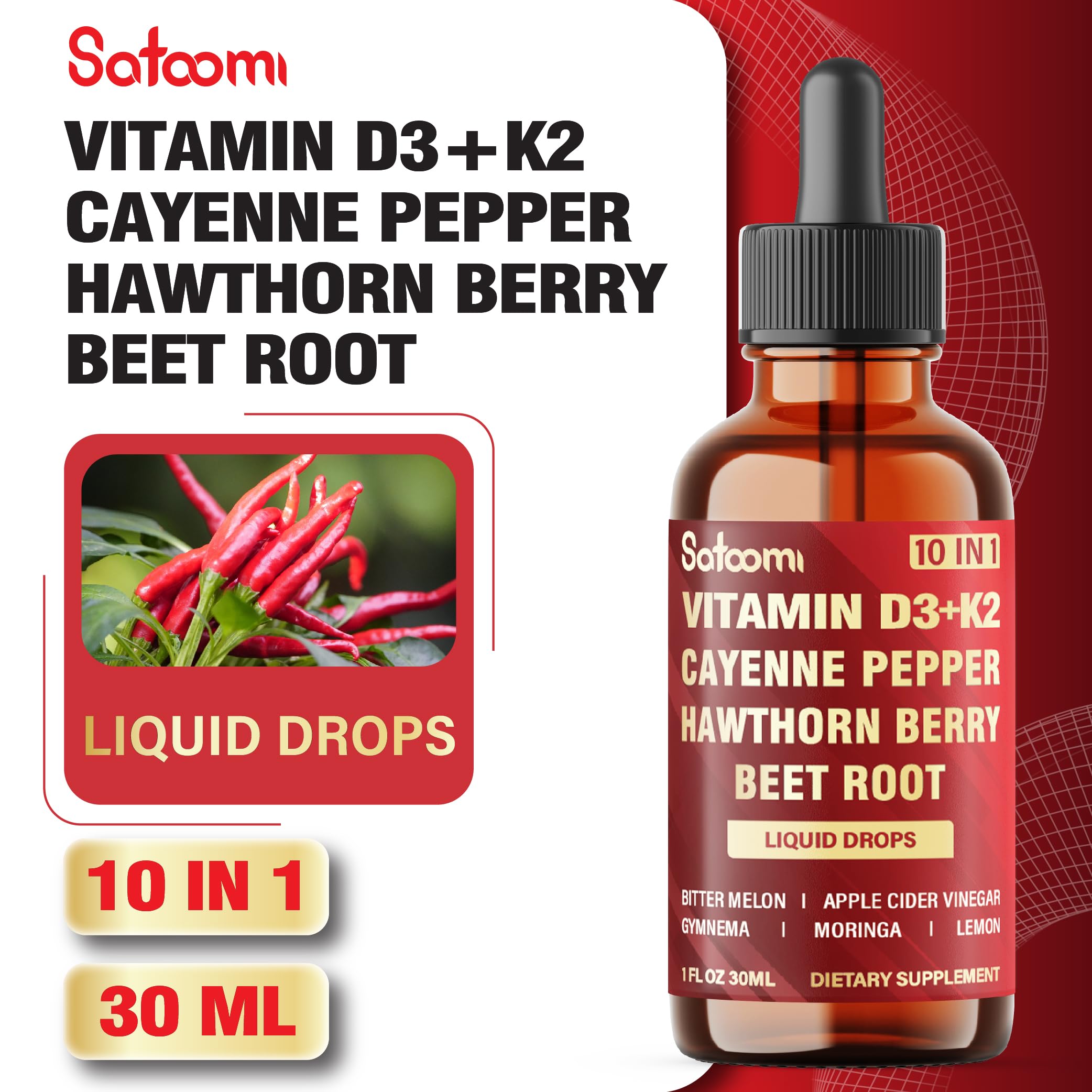 Satoomi Cayenne drops beside glass of water for simple mixing