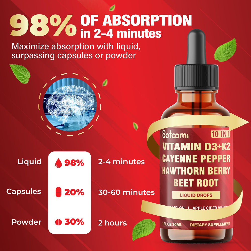 Satoomi 10in1 drops on leafy greens illustration for wellness