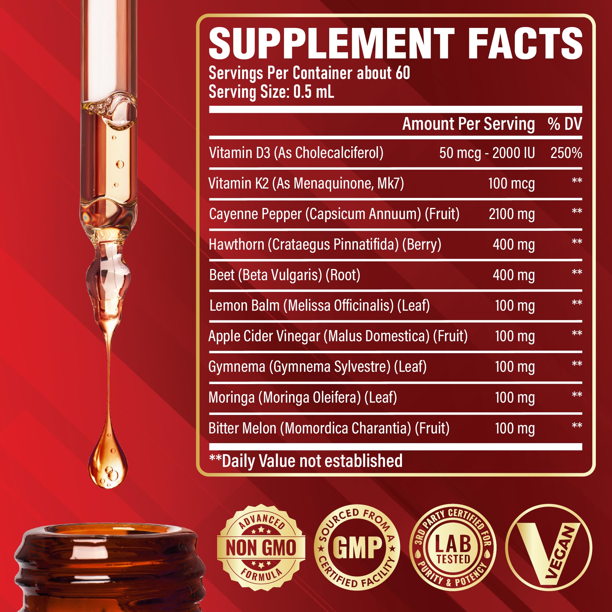 Satoomi 10in1 Cayenne drops label close-up showing D3 and K2