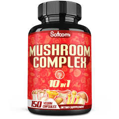 Satoomi 10in1 mushroom complex bottle for daily brain support and focus.