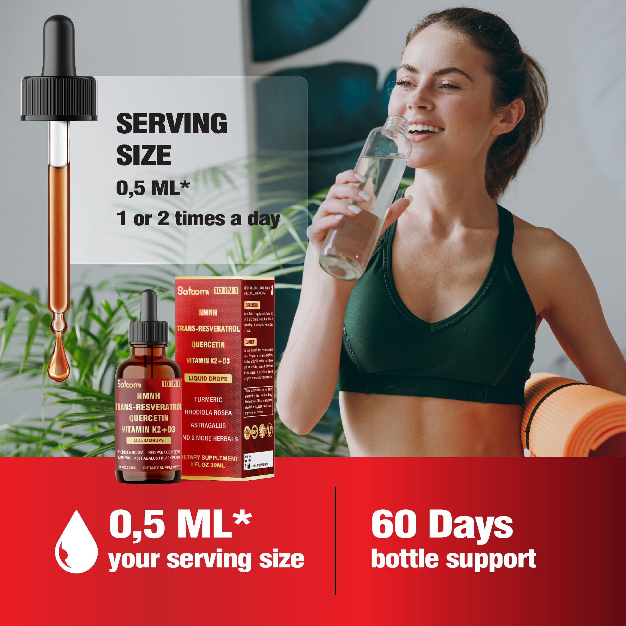 Satoomi 10in1 NMNH Liquid Drops bottle cap ensures secure, spill-free storage.