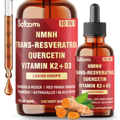 Satoomi 10in1 NMNH Liquid Drops bottle shows a full 60-day supply for daily vitality.