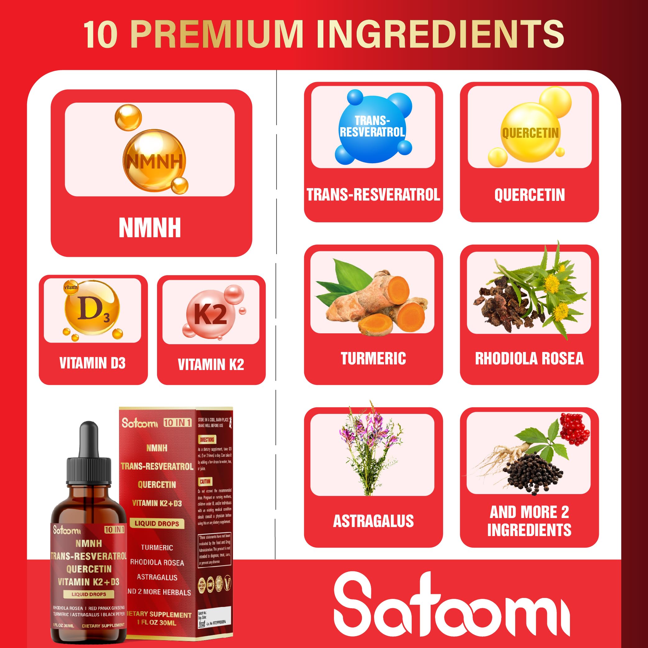 Satoomi 10in1 NMNH Liquid Drops dropper enables quick 0.5 ml servings for convenience.