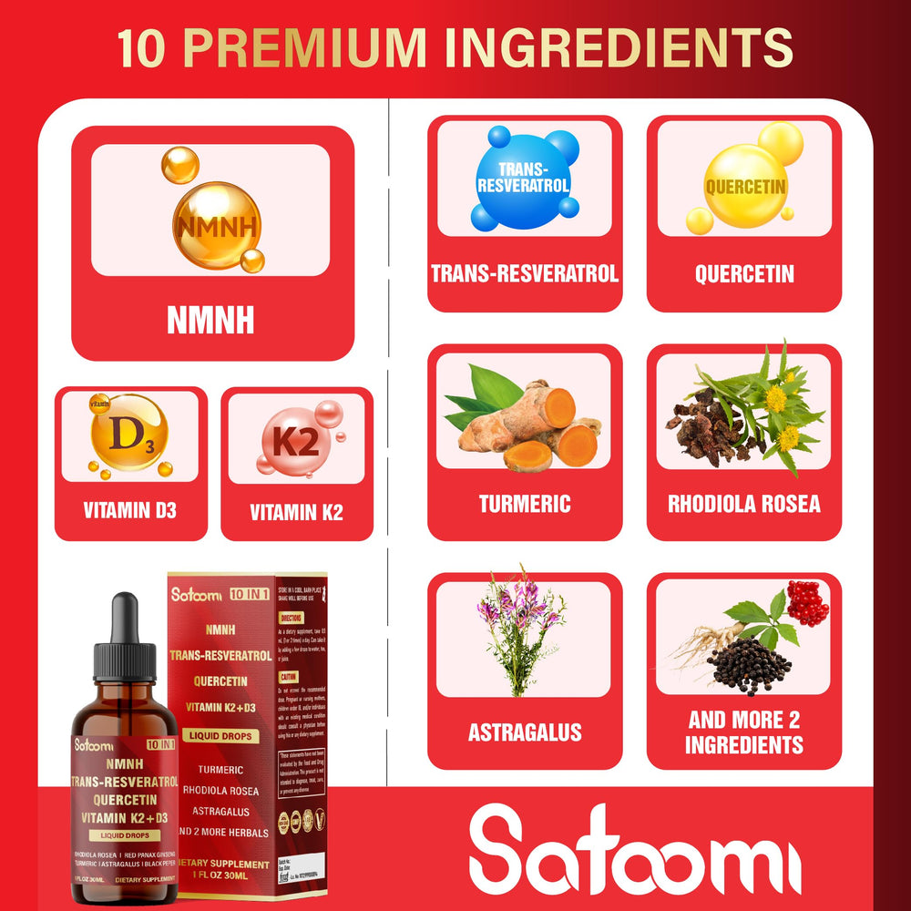 Satoomi 10in1 NMNH Liquid Drops dropper enables quick 0.5 ml servings for convenience.