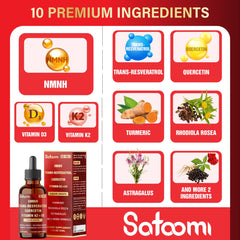 Satoomi 10in1 NMNH Liquid Drops dropper enables quick 0.5 ml servings for convenience.