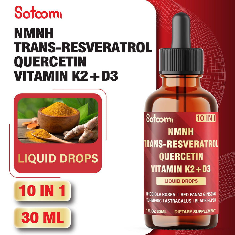 Satoomi 10in1 NMNH Liquid Drops packaging highlights vegan, non-GMO traits for responsible use.
