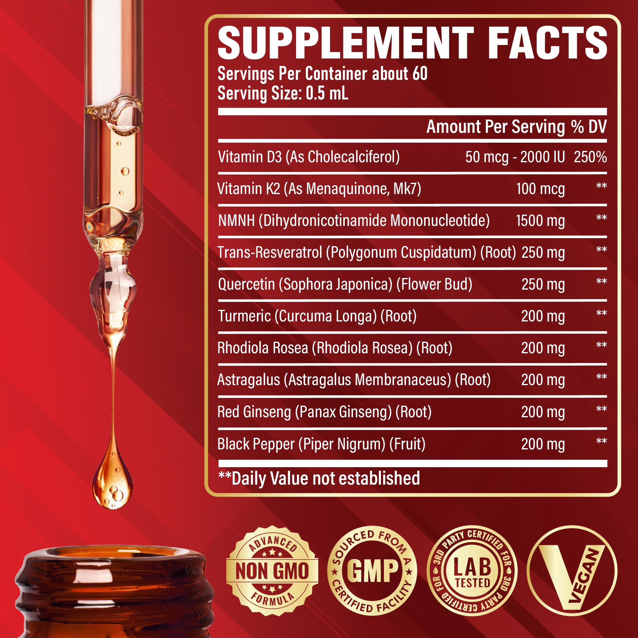 Satoomi 10in1 NMNH Liquid Drops bottle highlights easy daily dosing for steady energy.